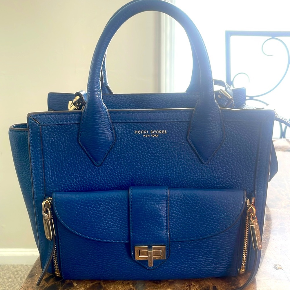 Henri Bendel dark blue top handle with strap hand bag